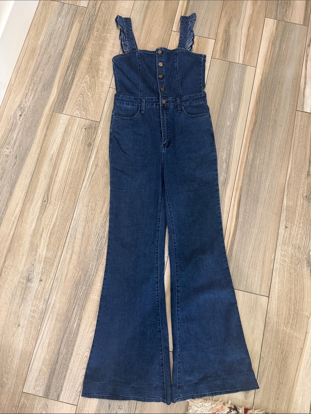 Ruffled-Strap Dark Blue Denim Wide-Leg Jean Overalls